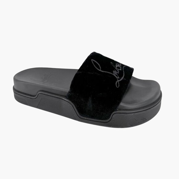 Christian Louboutin 'Navy Pool' Slide Sandals Size 37 US 7 Black Velvet Logo 26 - Picture 9 of 12